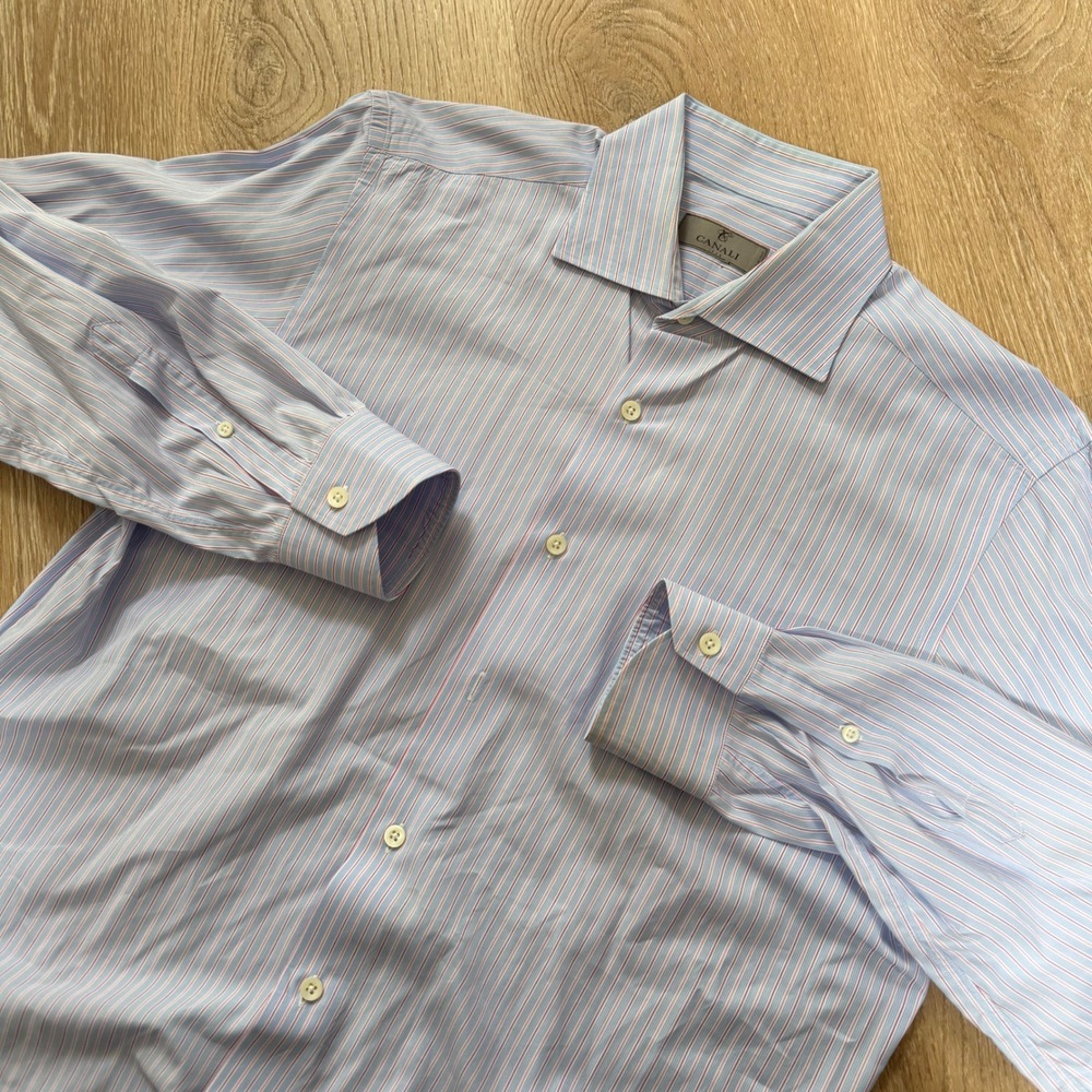 Canali 1934 Dress Shirt Mens 16 Blue Red Striped Spread Collar Made in Italy